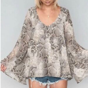 Show Me Your MuMu Long Sleeve Reptile Snake Print Blouse Bell Sleeve V Neck Top